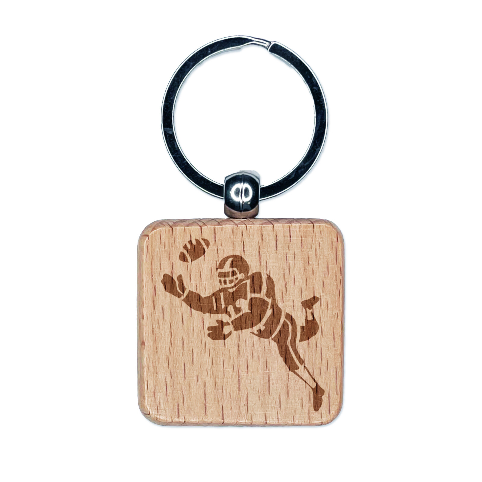 Cartoon Football Catch Engraved Wood Keychain Charm Tag