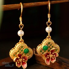Women's Gold Tone Flower Earring Green Jade Drop Dangle Earrings Wedding Jewelry