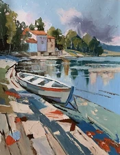 Sailboat on the lake. LANDSCAPE. ORIGINAL OIL PAINTING.