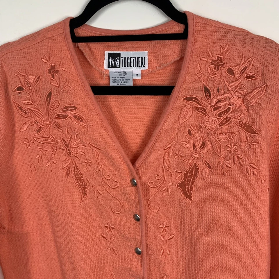 TOGETHER! Womans Button Down Cotton Top Orange Size Medium Long Sleeve Pockets - Image 2 of 4