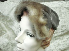 Vintage 50s Hat Cap Velvet FUR TRIM Taupe Brown Mink Clip-on GC