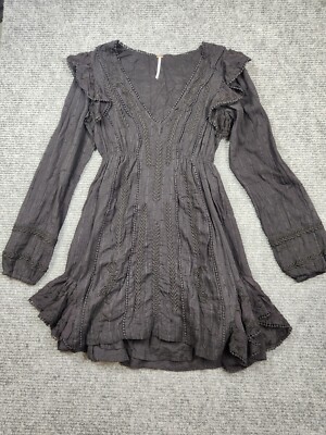 Free People Womens Size 0 Isabella Mini Dress Black Cotton Flowy Long  Sleeve | eBay