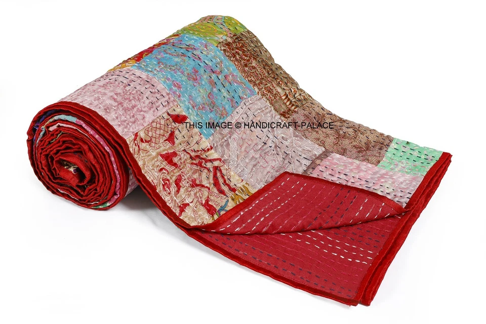 Handmade Vintage Silk Patchwork Kantha Embroidered Quilt Throw Bedspread 60"x90" - Image 2 of 3