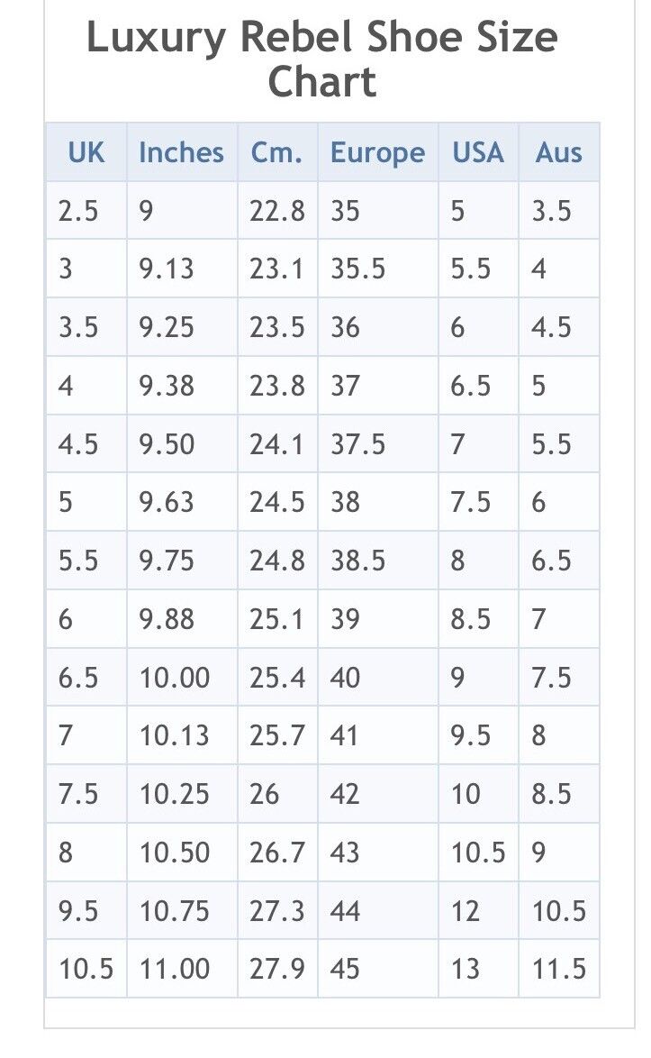 Luxury Rebel Shoes Size Chart