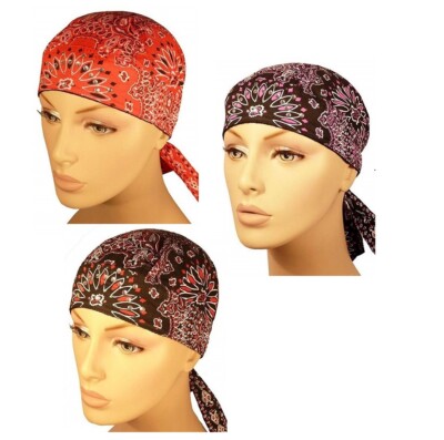 Lot Set of 3 Paisley Pink Red Black with Rhinestones Durag Headwrap Sweatband