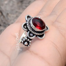 Faceted Garnet Gemstone 925 Sterling Silver Ring For Best Friend Gift Jewelry
