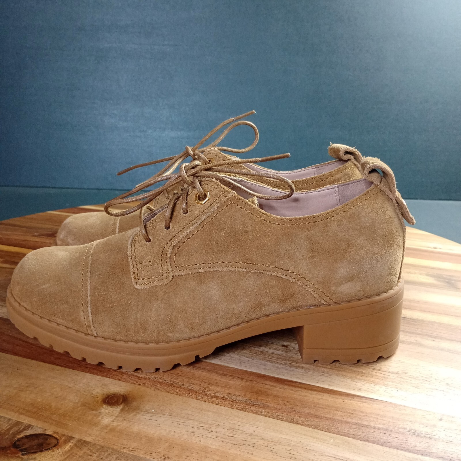 SAOLA Cole Haan Camea Oxford donna taglia 6 5 B suola dorata toffee lug scamosciata Y2K anni 90