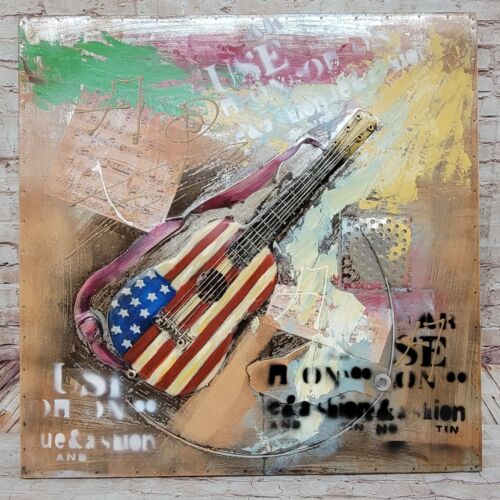 Sculpture, artwork mural en métal guitare 32 x 32 pouces logo drapeau américain illustration - Photo 1 sur 10