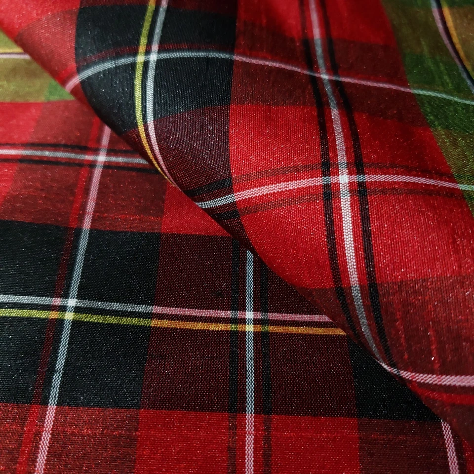 Classic Holiday Plaid Dupioni Fabric Red Green Black - Christmas Metallic Tartan - Image 4 of 4
