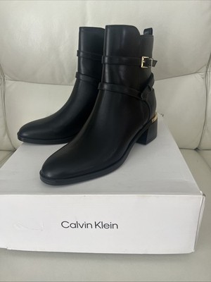 NEW  Calvin Klein Women's Jasen Buckle Strap Block Heel Booties Black Size 8