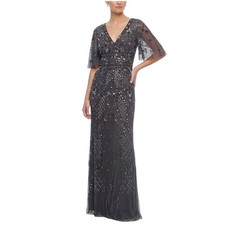 Adrianna Papell Women's Formal Dress Size 4 Purple Beaded Cape Sleeve Long Gown