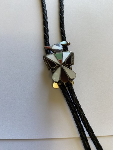 Vintage Silver Peyote Bird Bolo Tie, with inset stones, braided blk leather cord