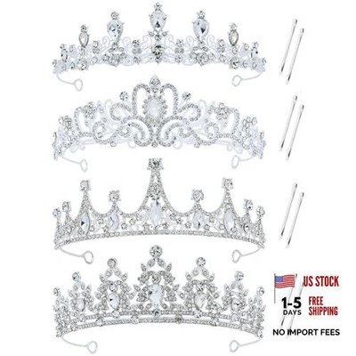 4 Pieces Silver Metal Jeweled Crystal Rhinestone Queen Princess Crown Tiara