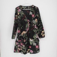 August Women's Black Floral Ruffle V-Neck Long Sleeve Mini Dress Size M