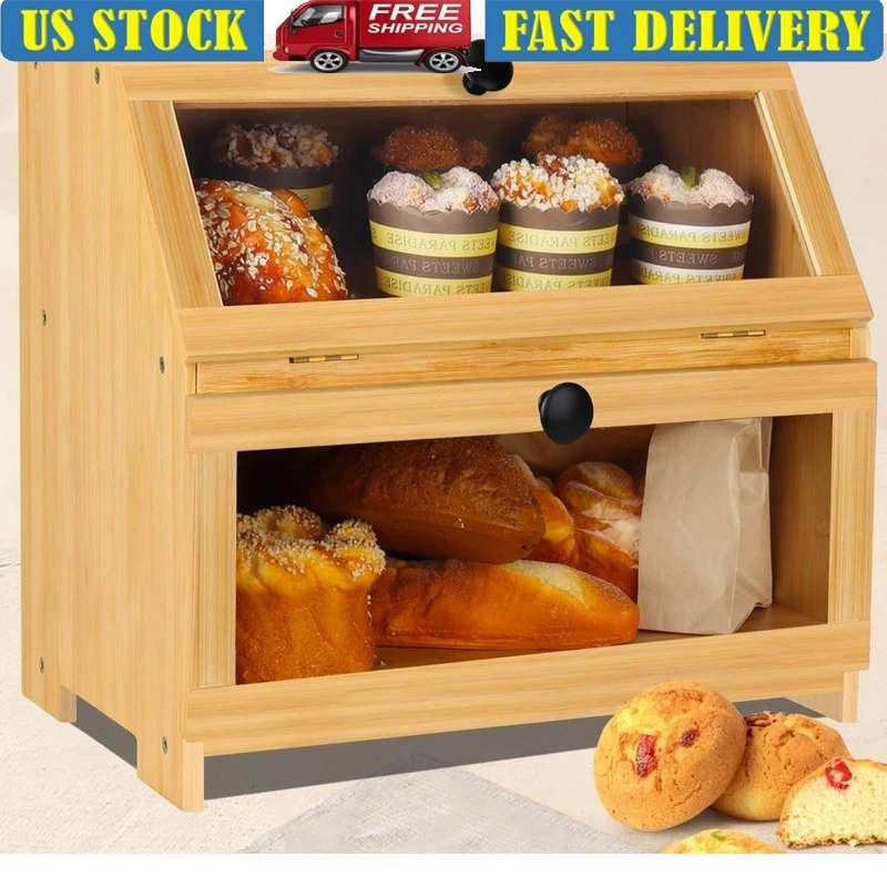 Bamboo Bread Box Acrylic Window Large Capacity Kitchen Storage Container New