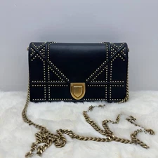 Authentic Dior Diorama WOC Wallet On Chain – Black Leather with Gold Studs (19cm