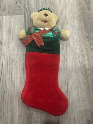 Vintage 3D Plush Teddy Bear Holly Hat Christmas Stocking Hook And Loop Close 22 