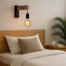 Retro Iron & Wood Wall Sconce with Switch – Black Shade Bedside or Dining Room