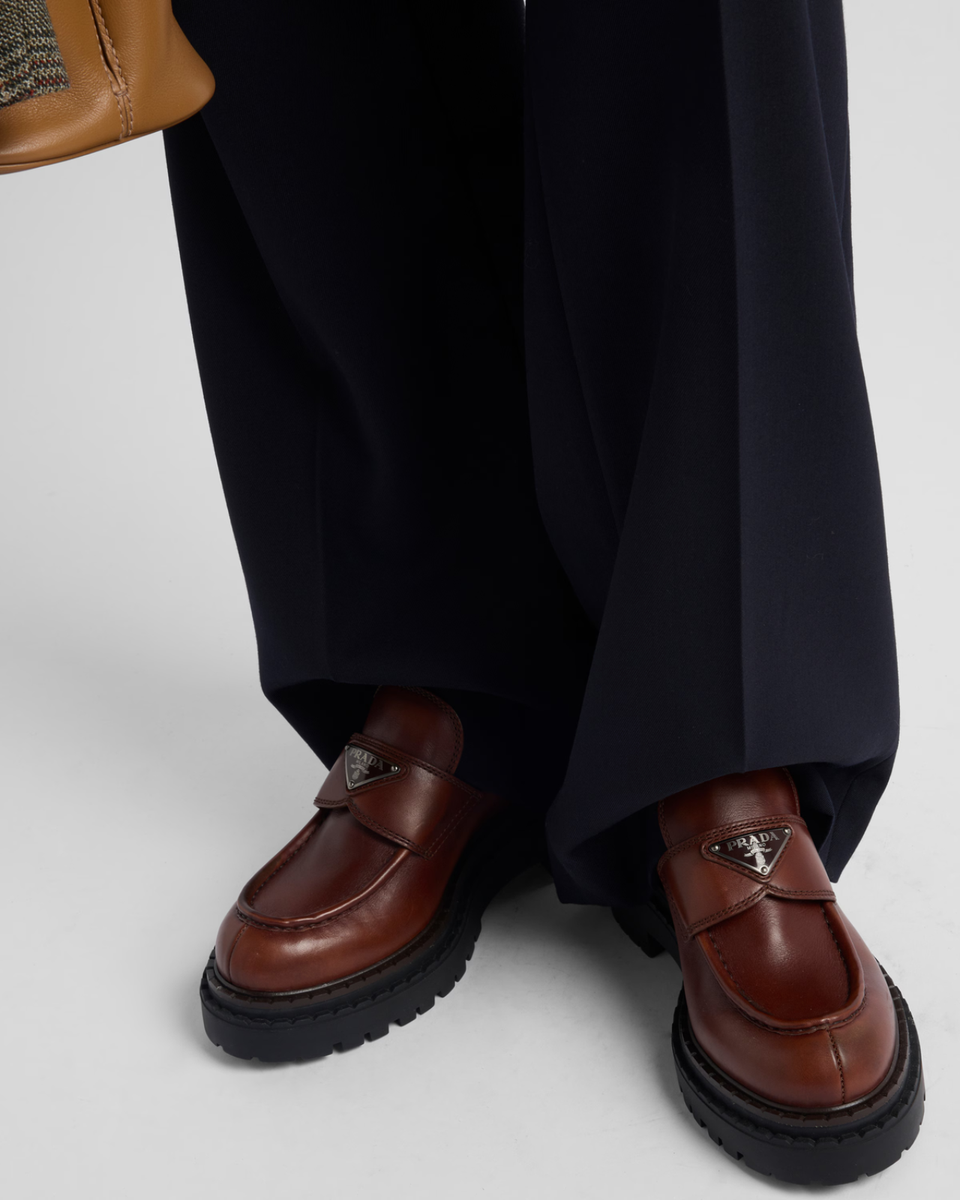 Prada Double Chocolate Cognac Brown Leather Platform Loafer