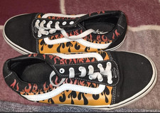VANS Off The Wall Low Top Lace Up Canvas Trainers Black Flame Print UK 4