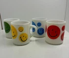 Complete Set of 4 Vintage Smiley Face Milk Glass Mugs Cups