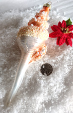 Christmas Ornament GLASS SEASHELL Long-Tailed Spindle ORANGE SANDY W/ PEARLS 8"