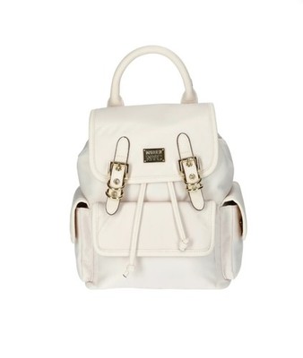 Madden NYC Cream Backpack Nylon Faux Leather Flap Gold Hardware Drawstring NWT