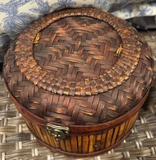 Vintage Bamboo Basket Round 6in Woven Storage Bin Rustic Boho Home Decor
