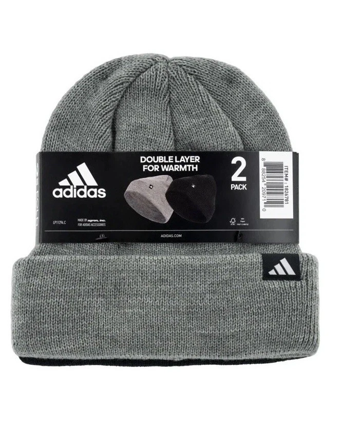 Adidas Fold Beanie Double Layer for Warmth 100% Acrylic Black & Grey - 2-Pack