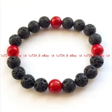 New 6/8/10/12mm Black Lava Stone Red Coral Round Gem Beads Elastic Bracelet 7.5"