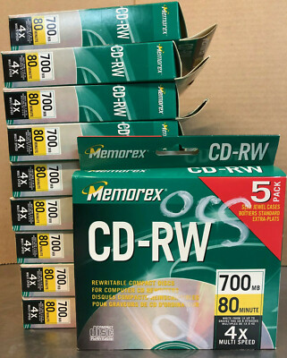 Memorex CD-RW 700 MB, 5 PACK (X10) & Sony CD-RW 650 MB, (X12), 62 disks total!