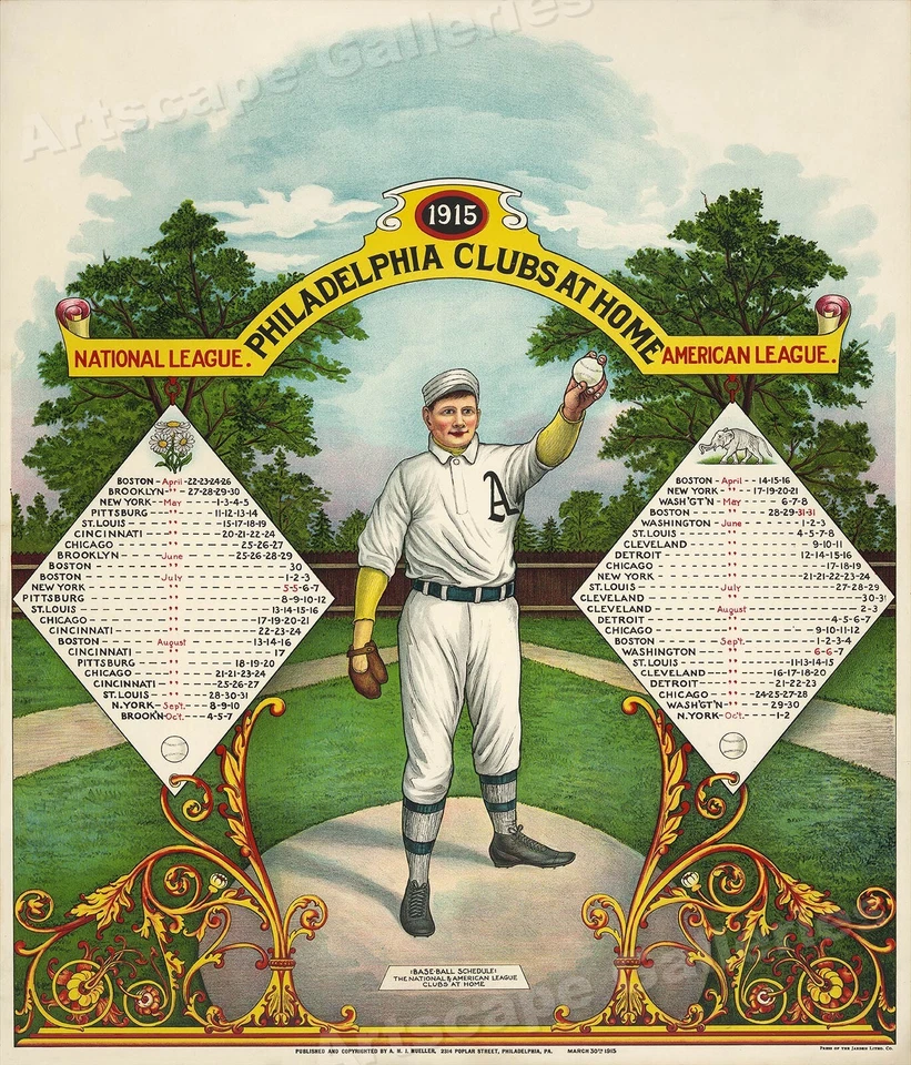 1915 Philadelphia Phillies & Athletics Baseball Club Home Season Schedule 20x24
