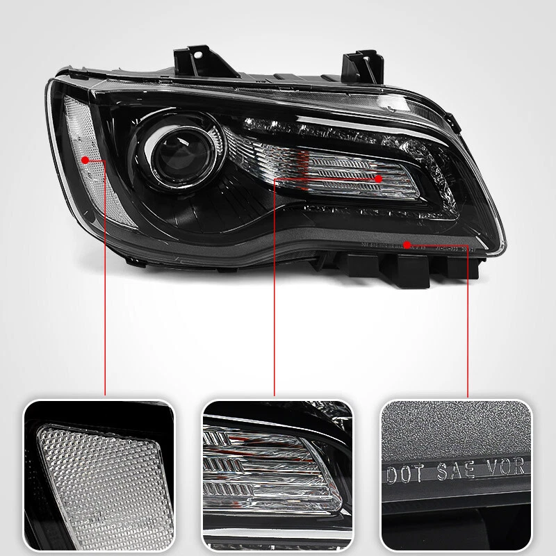 Halogen Black Projector DRL Headlight For Chrysler 300 2015-23 w/ Bulb Passenger Foto 4 de 4
