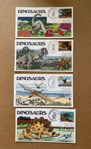 US FDC Collins Hand-Painted #2422-25 SET 4 Dinosaurs 1989 - Picture 1 of 7