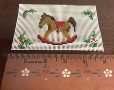 Vintage Cross Stitch Christmas Rocking Horse Saddle Holly Unframed Canvas