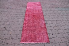 Pink Runner Rug Anatolian Hand Knotted Vintage Hallway Decorative Carpet 3x8ft