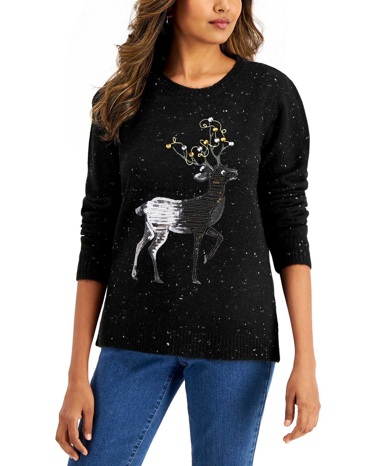 Karen Scott Women's Cotton Embellished Reindeer Sweater (Small, Black Nep Combo)