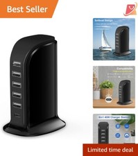 40W USB Charger Block, 6 Port Charging Hub, Fast Charge Multiple Devices, Black