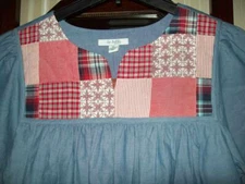 NWT GO SOFTLY 100% COTTON INDIGO CHAMBRAY PATIO MUU HOUSE DRESS PATCHWORK XS S M