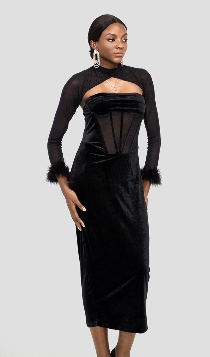 black velvet corset dress Clothing: Dresses: 'Persephone' Strapless Maxi puff sleeves. Velvet Corset Midi Dress Black