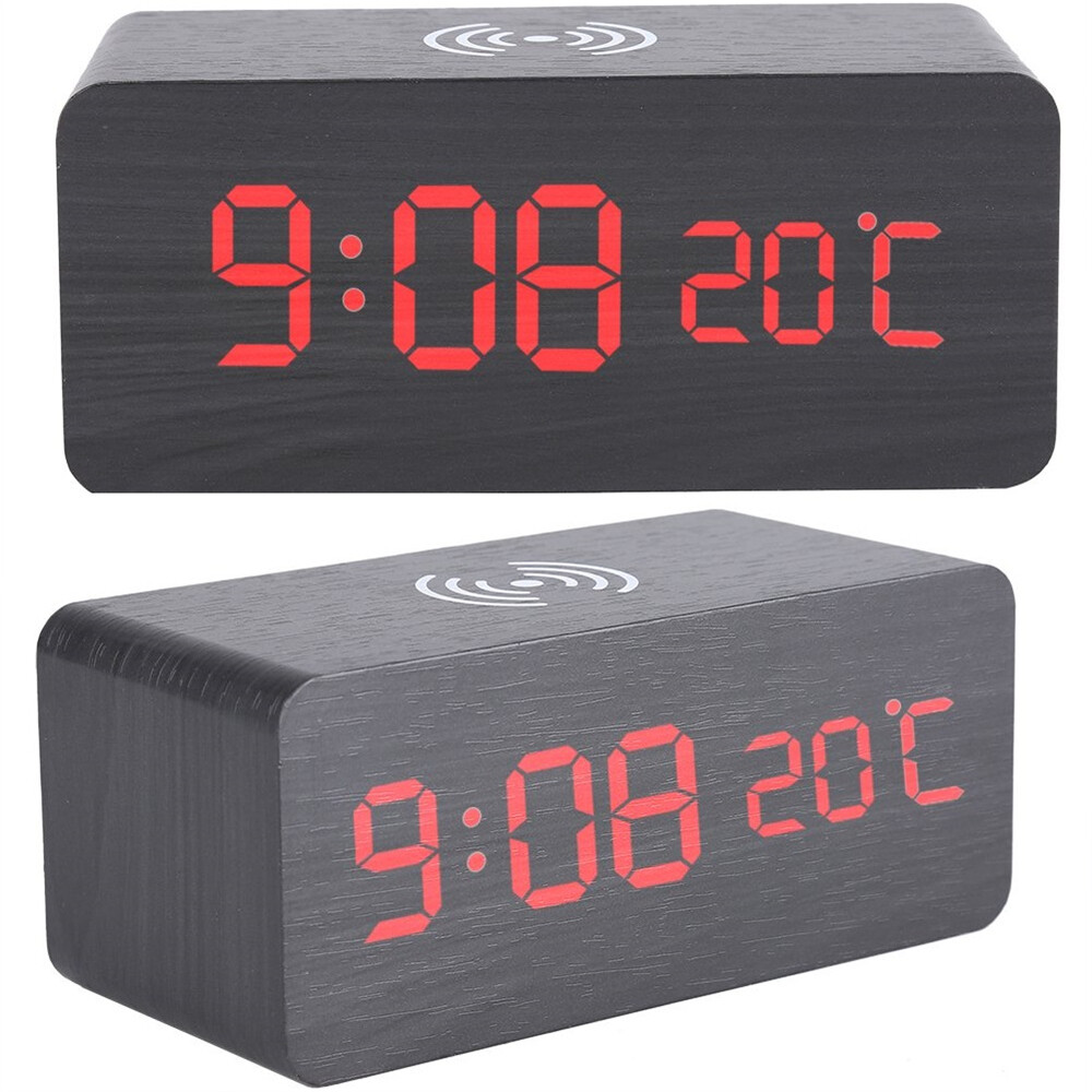 Modern Wooden Wood Digital LED Desk Alarm Clock Thermometer Qi Wireless Charger