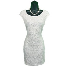 Women's Lace Cream Colored Mini Dress, Sheer Bow on back, L(Juniors)