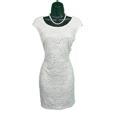 Women's Lace Cream Colored Mini Dress, Sheer Bow on back, L(Juniors)