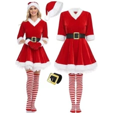Mrs Claus Costume Adult Christmas Xmas Santa Fancy Outfit Dress + Belt + Hat Set