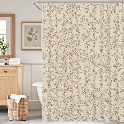 Beige Tan Floral Shower Curtain Linen, Twiggy Leaves Flower Shower Curtain fo...