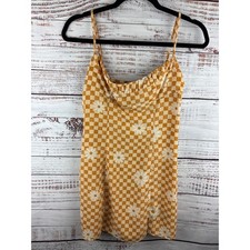 Urban Outfitter Orange Yellow Check Plaid Floral Mini Sundress Slip Womens Sz M