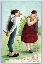 1906 Woman Knitting Man With Flower Behind Back Belgium Newark NJ Postcard