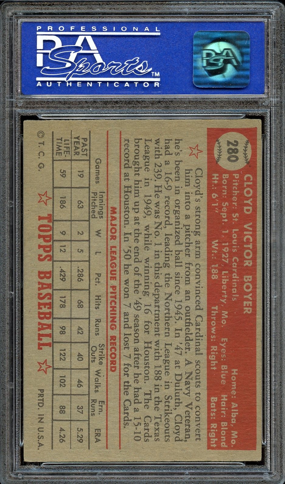 1952 Topps #280 CLOYD BOYER graded PSA 6 view 2