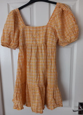 NEW LOOK Yellow Orange Green Check Puff Sleeve Tea Dress Size UK 8 EUR 36