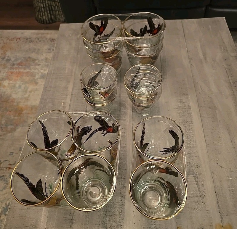 Vtg 18 Piece Hazel Atlas 22K Gold Pheasant Birds Barware Glasses 